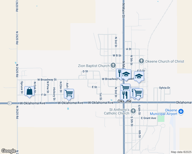 map of restaurants, bars, coffee shops, grocery stores, and more near 413 West D Street in Okeene