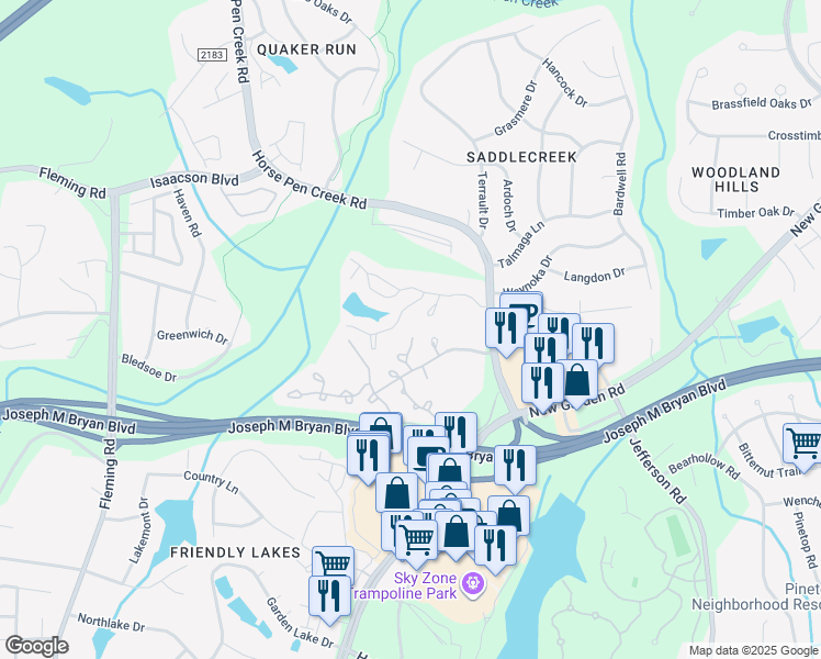 map of restaurants, bars, coffee shops, grocery stores, and more near 17 Satterfield Place in Greensboro