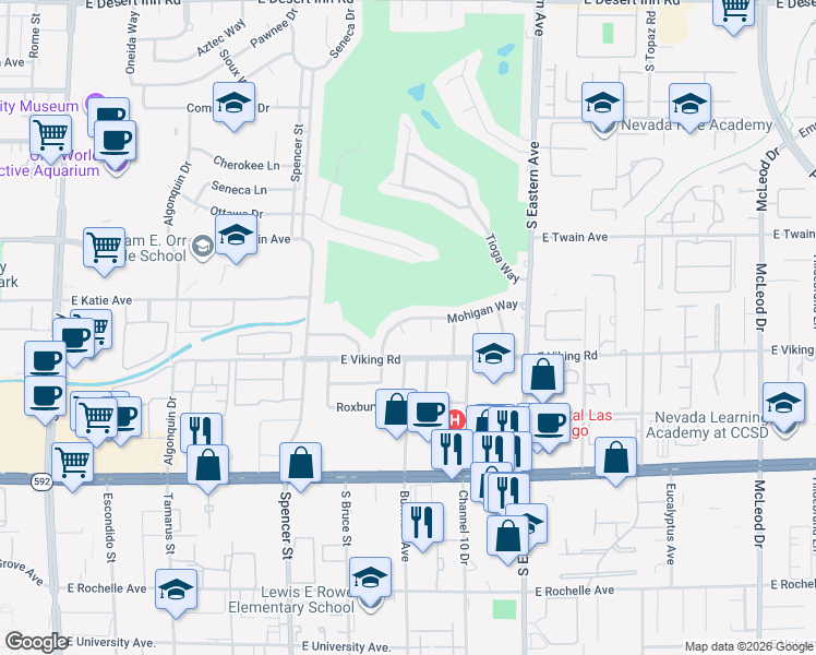 map of restaurants, bars, coffee shops, grocery stores, and more near 2116 Mohigan Way in Las Vegas