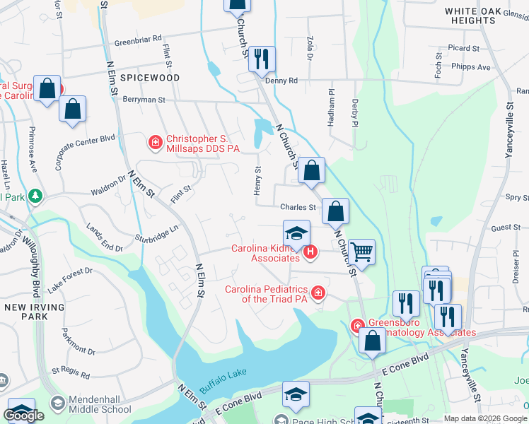 map of restaurants, bars, coffee shops, grocery stores, and more near 3104 Henry Street in Greensboro