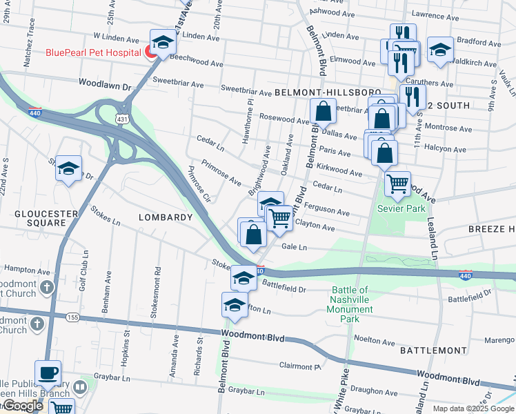 map of restaurants, bars, coffee shops, grocery stores, and more near 1703 Primrose Avenue in Nashville