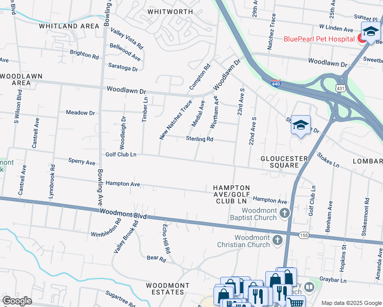 map of restaurants, bars, coffee shops, grocery stores, and more near 2400 Sterling Road in Nashville