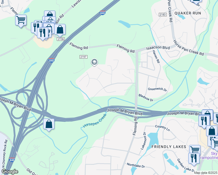 map of restaurants, bars, coffee shops, grocery stores, and more near 4703 Country Woods Lane in Greensboro