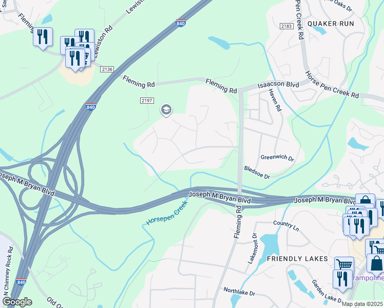 map of restaurants, bars, coffee shops, grocery stores, and more near 4703 Country Woods Lane in Greensboro