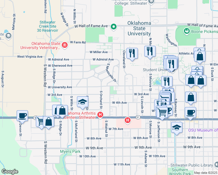 map of restaurants, bars, coffee shops, grocery stores, and more near 160 South Melrose Drive in Stillwater