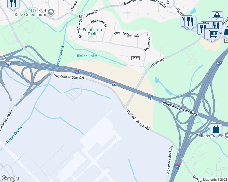 map of restaurants, bars, coffee shops, grocery stores, and more near Old Oak Ridge Road in Greensboro