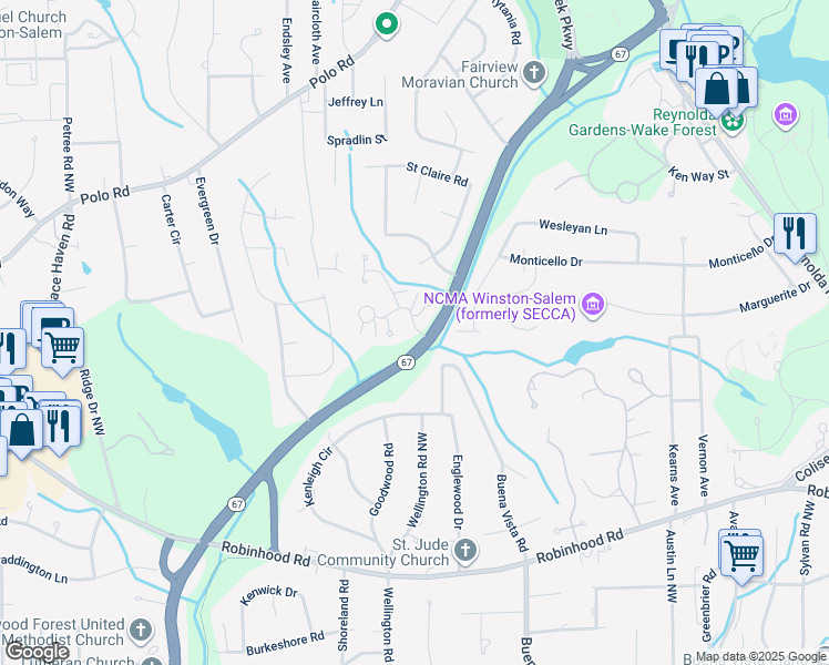 map of restaurants, bars, coffee shops, grocery stores, and more near 2810 Silas Ridge Road in Winston-Salem