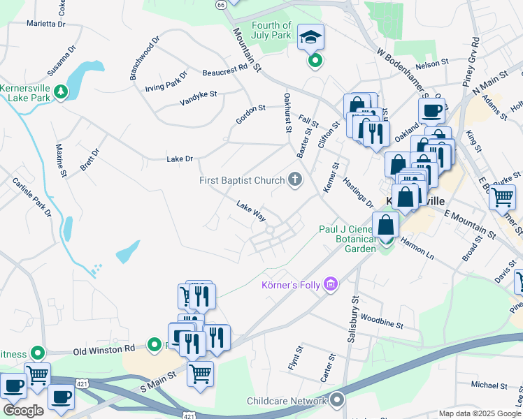 map of restaurants, bars, coffee shops, grocery stores, and more near 1691 Angus Ridge Drive in Kernersville