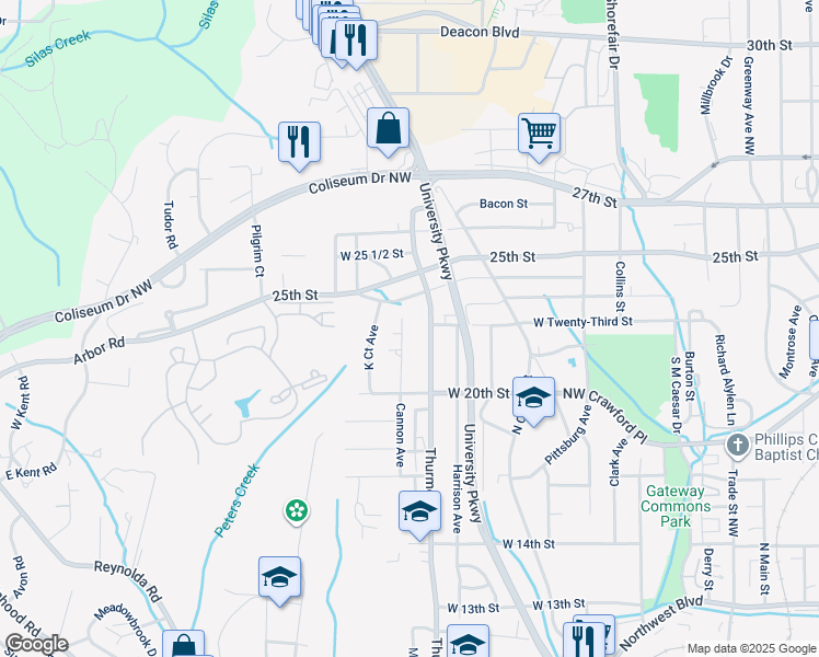 map of restaurants, bars, coffee shops, grocery stores, and more near 624 West 24 1/2 Street in Winston-Salem