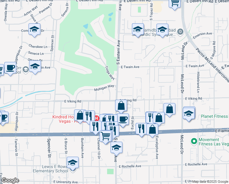 map of restaurants, bars, coffee shops, grocery stores, and more near 3847 South Eastern Avenue in Las Vegas