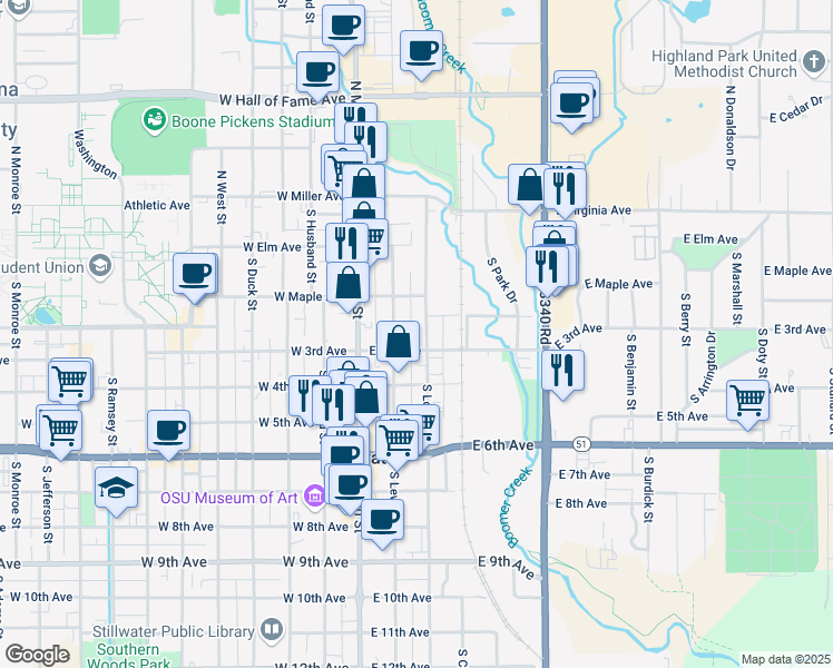 map of restaurants, bars, coffee shops, grocery stores, and more near 211 South Lowry Street in Stillwater