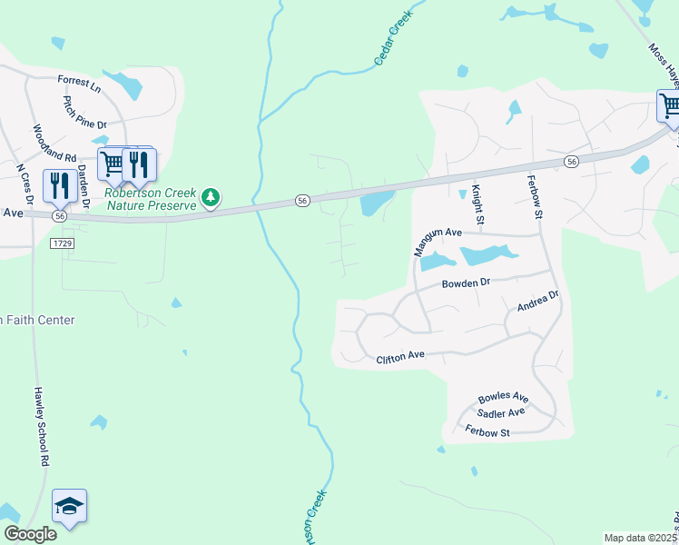 map of restaurants, bars, coffee shops, grocery stores, and more near 320 Hidden Valley Drive in Creedmoor