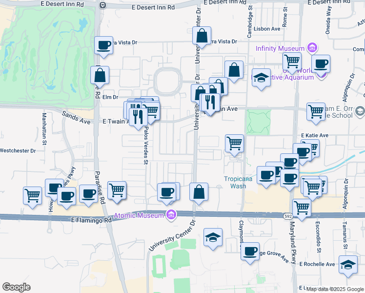 map of restaurants, bars, coffee shops, grocery stores, and more near 3841 Daisy Street in Las Vegas