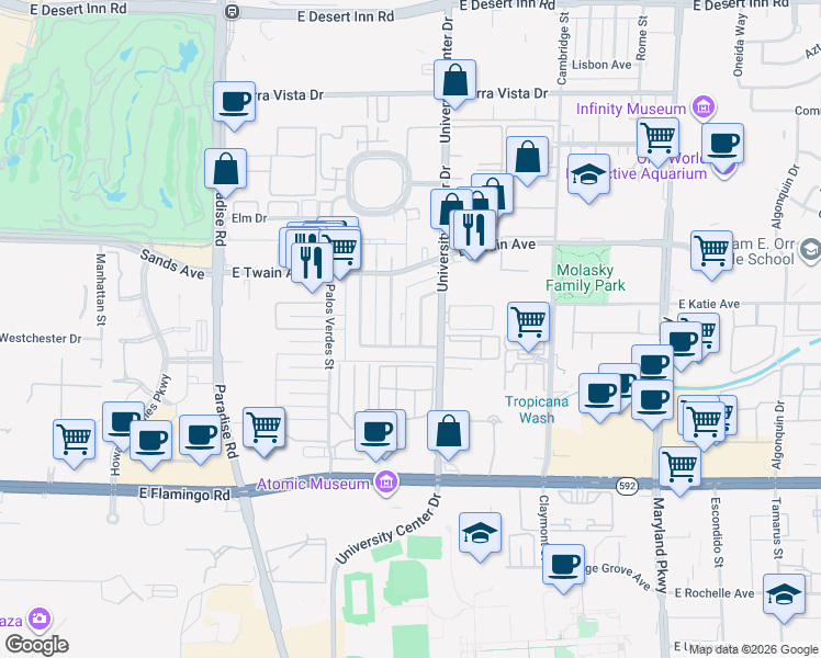 map of restaurants, bars, coffee shops, grocery stores, and more near 3841 Daisy Street in Las Vegas