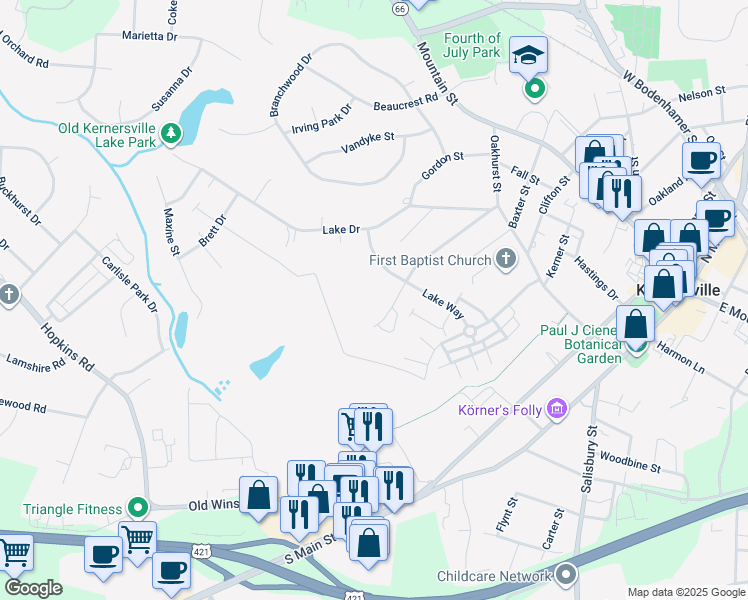 map of restaurants, bars, coffee shops, grocery stores, and more near 422 Mountain View Drive in Kernersville
