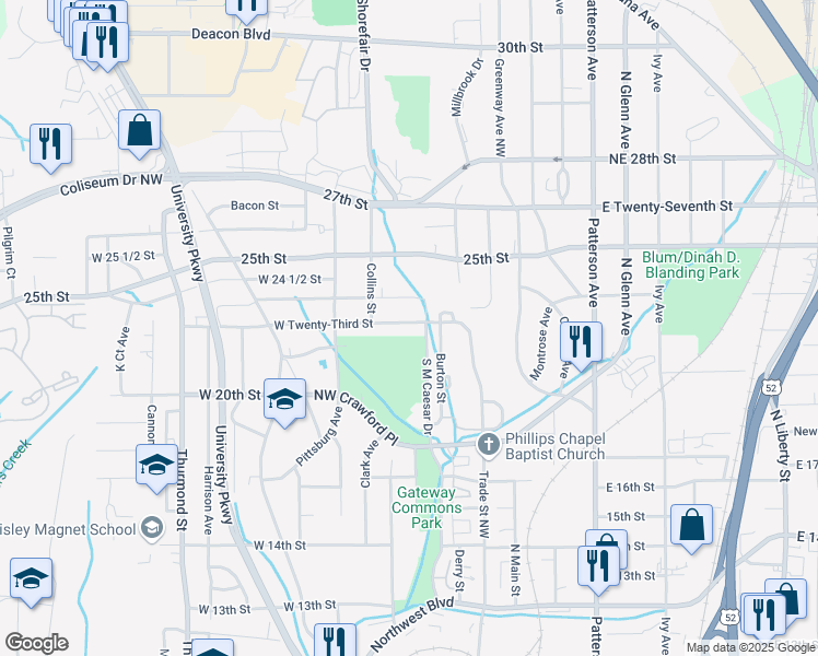 map of restaurants, bars, coffee shops, grocery stores, and more near 212 West 23rd Street in Winston-Salem