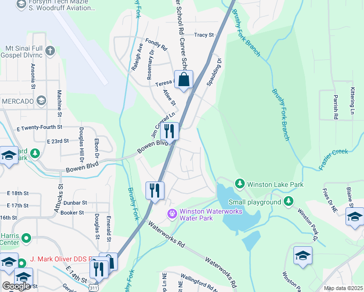 map of restaurants, bars, coffee shops, grocery stores, and more near 409 Walkertown Avenue in Winston-Salem
