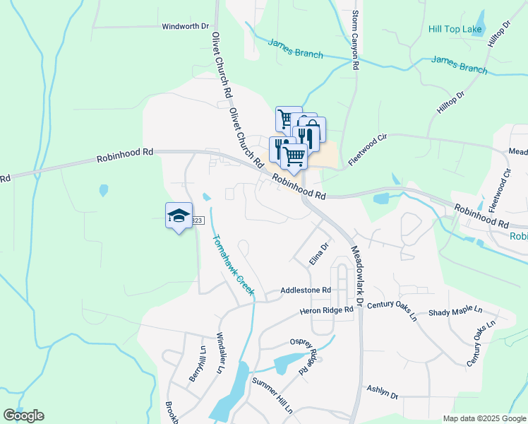 map of restaurants, bars, coffee shops, grocery stores, and more near 5284 Robinhood Road in Winston-Salem