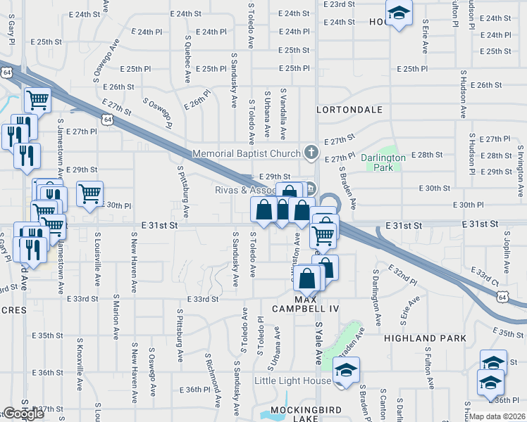 map of restaurants, bars, coffee shops, grocery stores, and more near 4523 East 31st Street in Tulsa