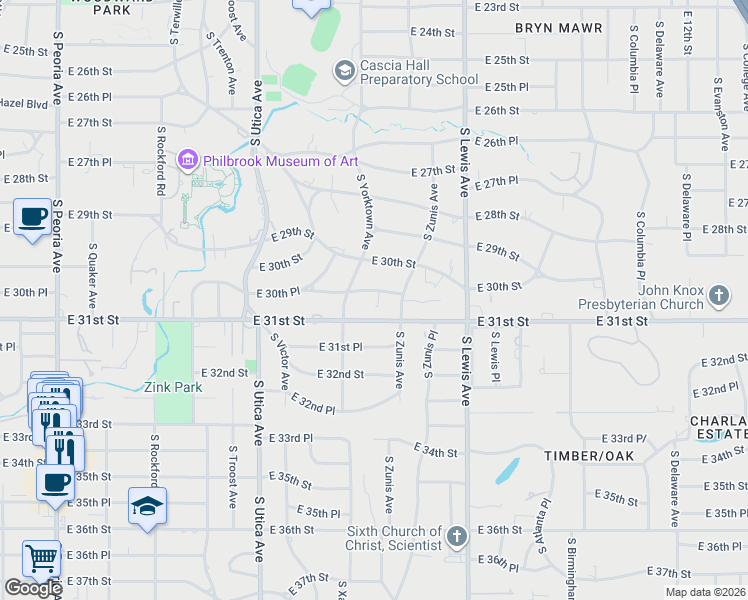 map of restaurants, bars, coffee shops, grocery stores, and more near 2109 East 30th Place in Tulsa