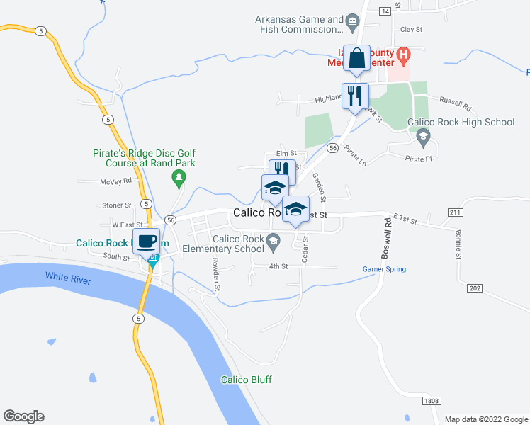 map of restaurants, bars, coffee shops, grocery stores, and more near in Calico Rock