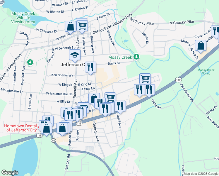 map of restaurants, bars, coffee shops, grocery stores, and more near 1003 East Mountcastle Street in Jefferson City