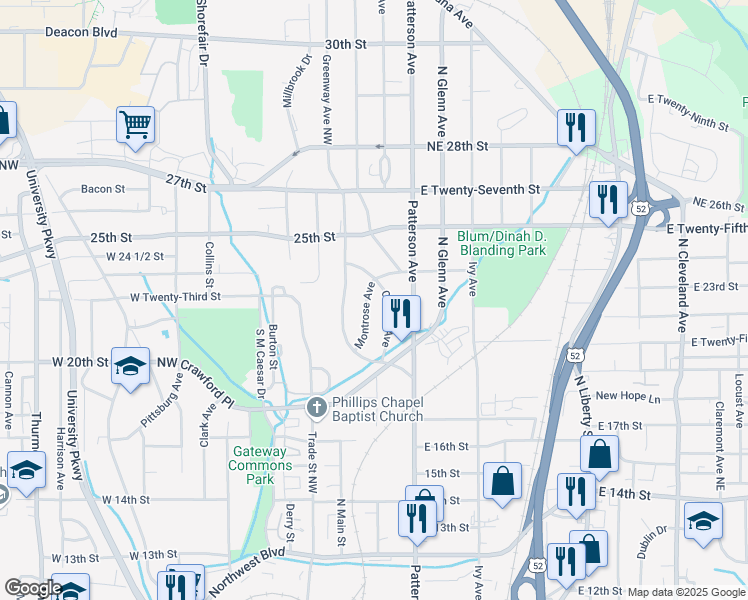 map of restaurants, bars, coffee shops, grocery stores, and more near 2349 Montrose Avenue in Winston-Salem