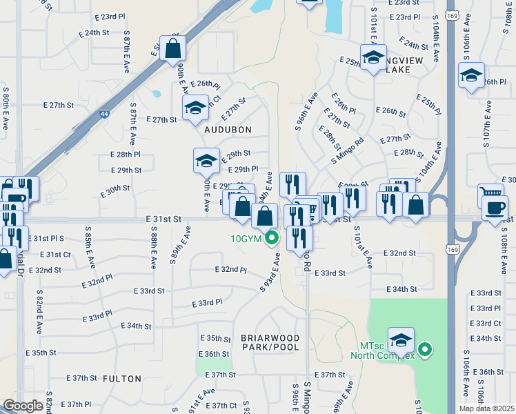 map of restaurants, bars, coffee shops, grocery stores, and more near 9065 East 30th Street in Tulsa