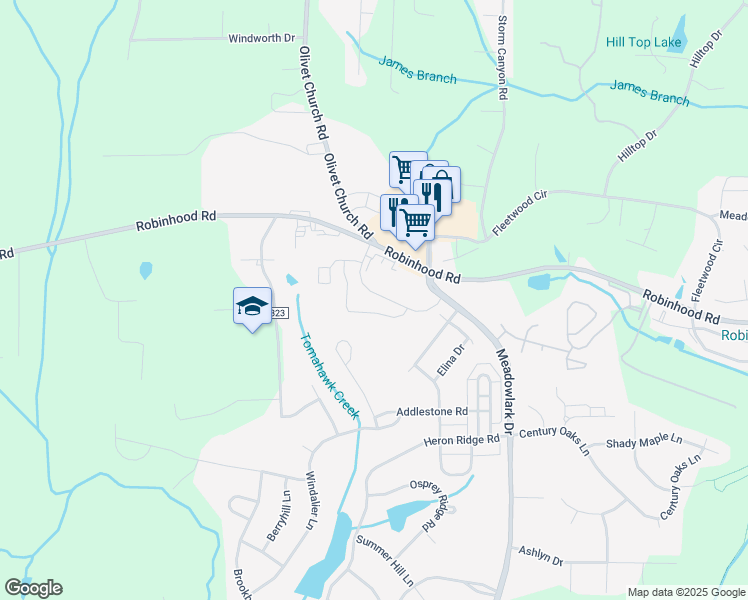 map of restaurants, bars, coffee shops, grocery stores, and more near 5284 Robinhood Road in Winston-Salem
