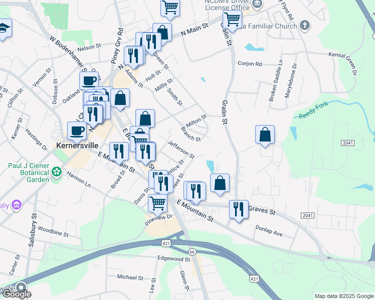 map of restaurants, bars, coffee shops, grocery stores, and more near 421 Jefferson Street in Kernersville