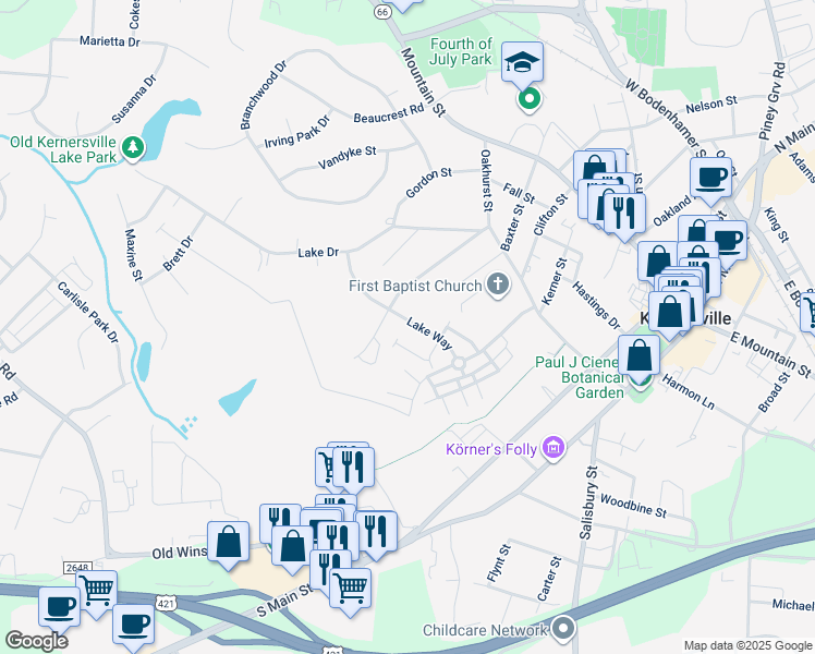 map of restaurants, bars, coffee shops, grocery stores, and more near 541 Lake Way in Kernersville