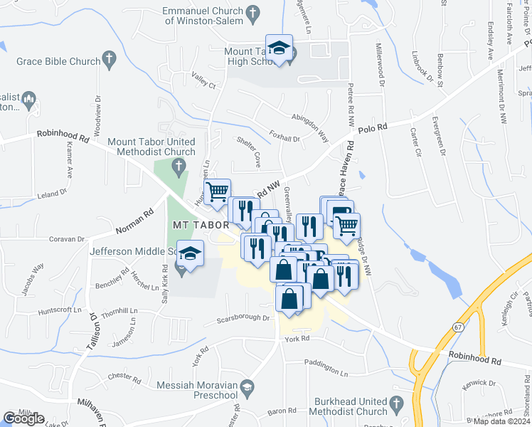 map of restaurants, bars, coffee shops, grocery stores, and more near 101 Westgate Circle in Winston-Salem