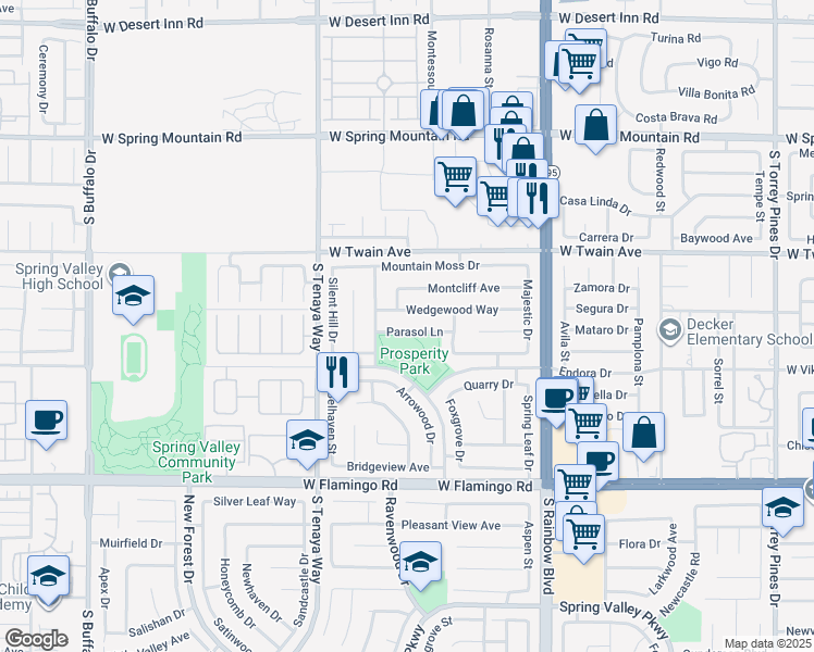 map of restaurants, bars, coffee shops, grocery stores, and more near 7152 Parasol Lane in Las Vegas