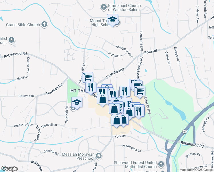map of restaurants, bars, coffee shops, grocery stores, and more near 103 Westgate Circle in Winston-Salem