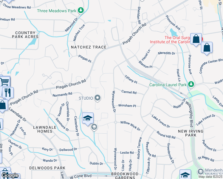 map of restaurants, bars, coffee shops, grocery stores, and more near 3299 Wynnewood Drive in Greensboro