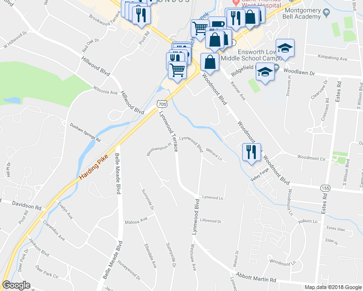 map of restaurants, bars, coffee shops, grocery stores, and more near 110 Lynnwood Terrace in Nashville
