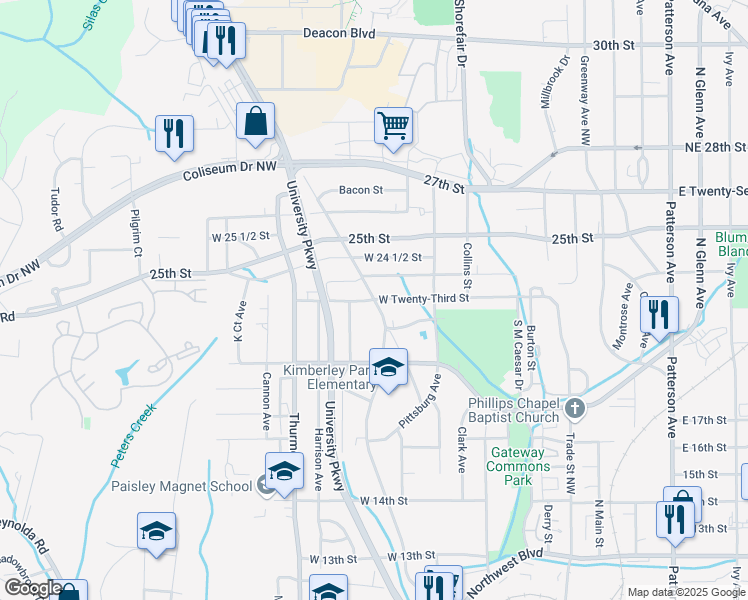 map of restaurants, bars, coffee shops, grocery stores, and more near 2300 Cherry Street in Winston-Salem