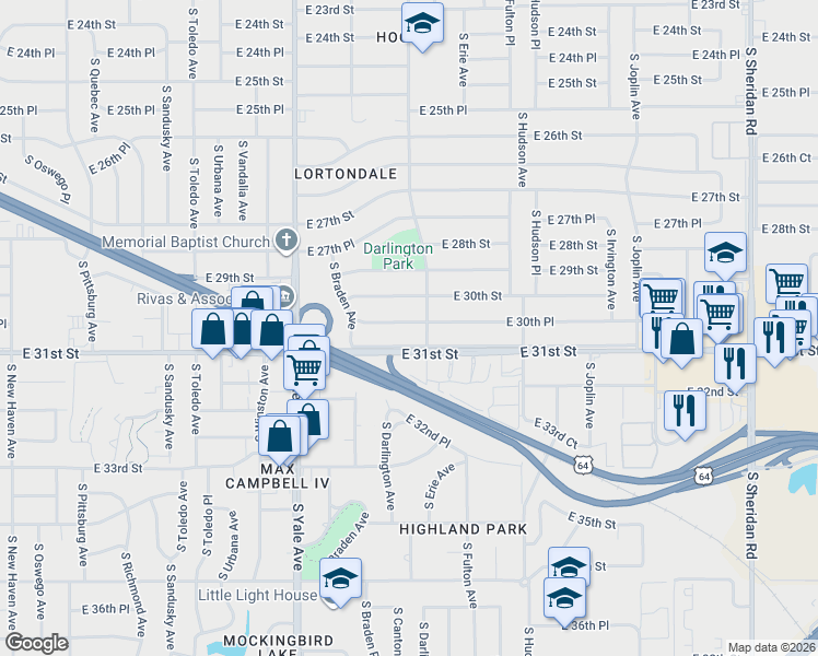 map of restaurants, bars, coffee shops, grocery stores, and more near 5154 East 30th Place in Tulsa