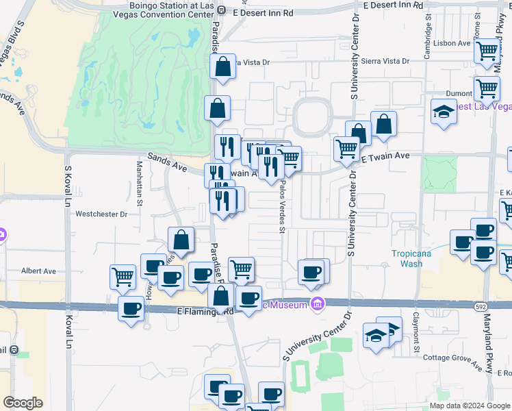 map of restaurants, bars, coffee shops, grocery stores, and more near 489 North Circle in Las Vegas