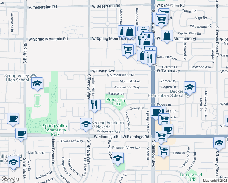 map of restaurants, bars, coffee shops, grocery stores, and more near 7152 Parasol Lane in Las Vegas