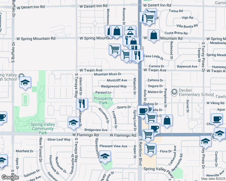 map of restaurants, bars, coffee shops, grocery stores, and more near 7072 Parasol Lane in Las Vegas
