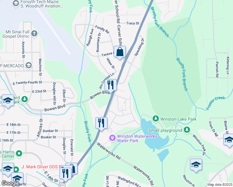 map of restaurants, bars, coffee shops, grocery stores, and more near 409 Walkertown Avenue in Winston-Salem