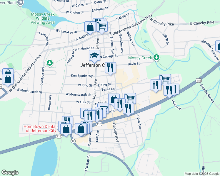 map of restaurants, bars, coffee shops, grocery stores, and more near 805 East King Street in Jefferson City
