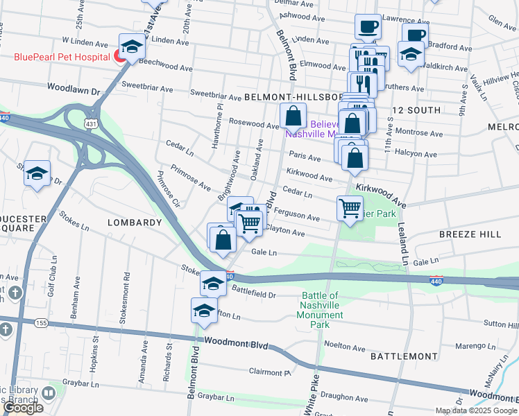 map of restaurants, bars, coffee shops, grocery stores, and more near 2907 Belmont Boulevard in Nashville