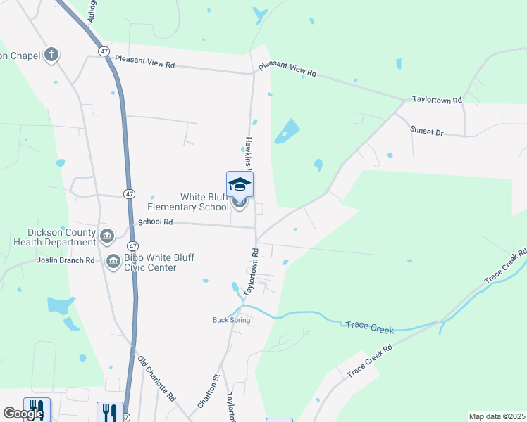 map of restaurants, bars, coffee shops, grocery stores, and more near 436 Hawkins Road in White Bluff