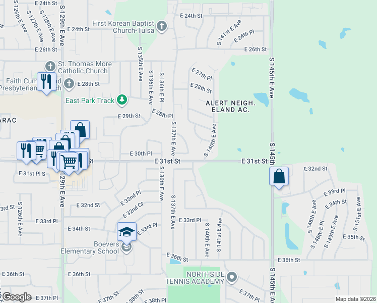 map of restaurants, bars, coffee shops, grocery stores, and more near 2936 South 137th East Place in Tulsa