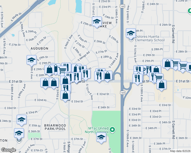 map of restaurants, bars, coffee shops, grocery stores, and more near 3030 South 101st East Avenue in Tulsa