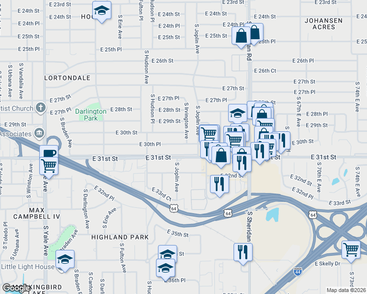 map of restaurants, bars, coffee shops, grocery stores, and more near 5775 East 30th Place in Tulsa