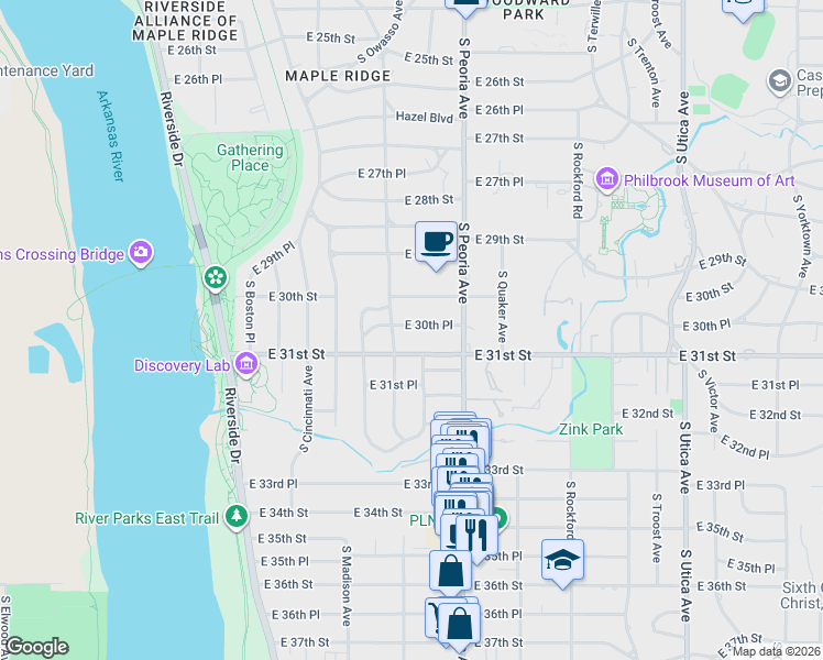 map of restaurants, bars, coffee shops, grocery stores, and more near 1221 East 30th Place in Tulsa
