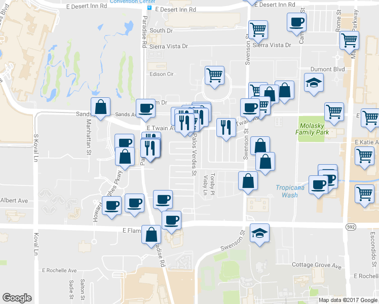 map of restaurants, bars, coffee shops, grocery stores, and more near 529 North Circle in Las Vegas